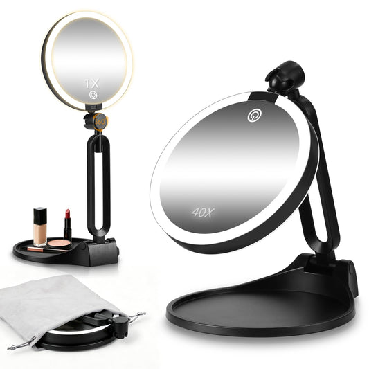 Travel Makeup Mirror with Lights,6" Portable Lighted Vanity Mirrors for Desk/Travel,1X+40X Double Sided Dimming LED Mirror with Adjustable Foldable Stand,Powerful Magnifying Only for Details Checking