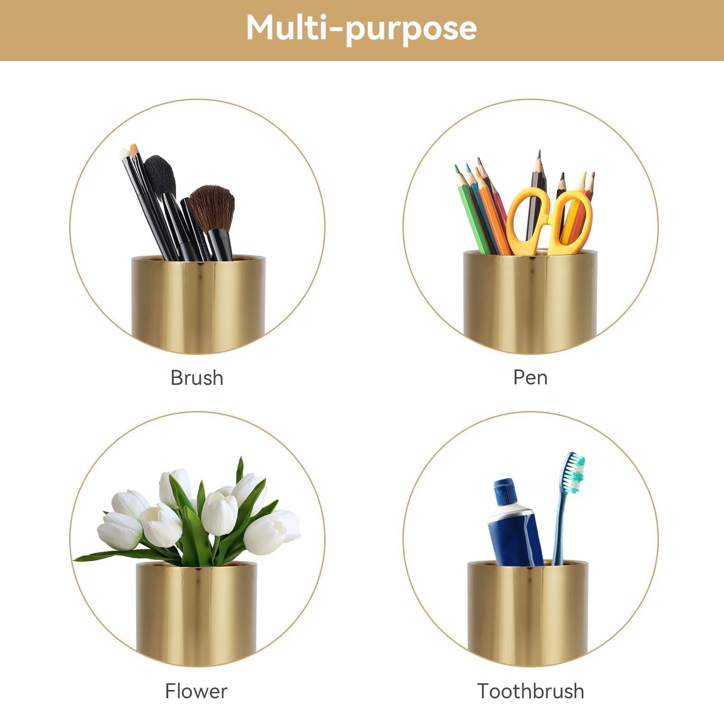 Beufee Pencil Holder, Pen Holder Makeup Brush Holder Gold Pen Pencil Holder Pencil Cup Holder Desk Organizer Table Vases Flower Pot Stainless Steel Makeup Brush Holder For Office Home Gold