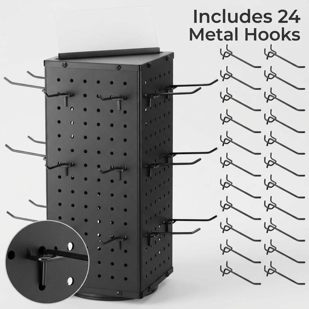 QWORK Rotating Metal Pegboard Display Stand – 4-Sided Spinner with 24 Hooks for Jewelry, Craft & Retail Use