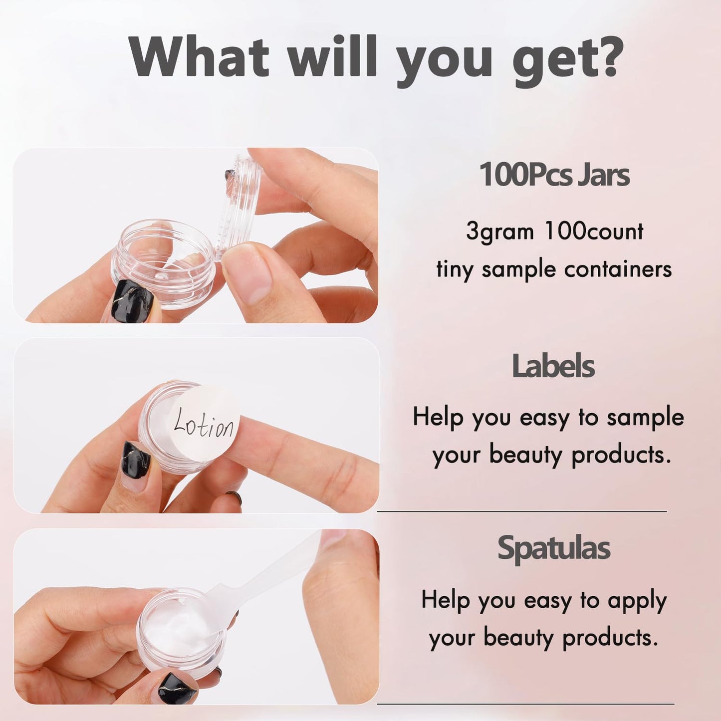 3 Gram Sample Containers with Lids, 100 Count Tiny Sample Jars, Empty Lip Balm Containers, Mini Cosmetic Container with Lids, Makeup Travel Container with Labels, Mini Disposable Spatulas