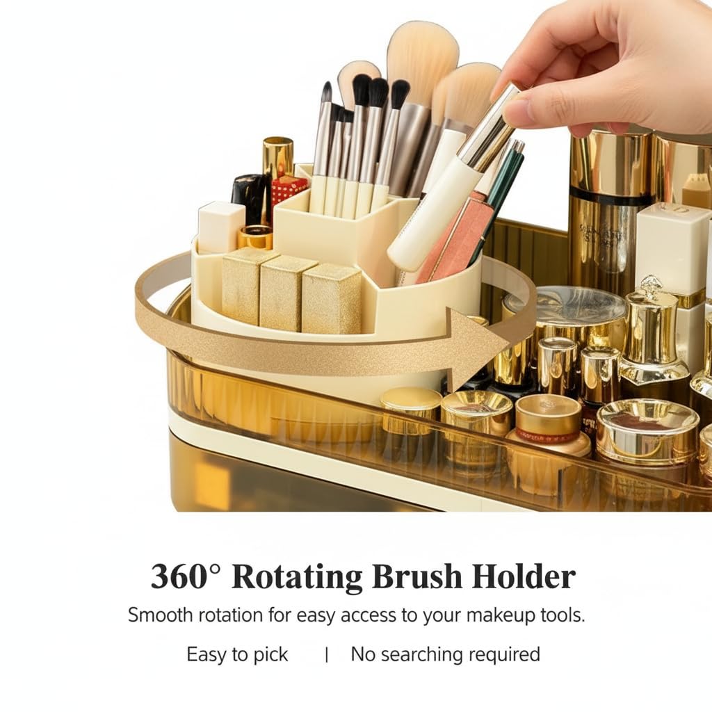 Tidyladyo Makeup Organizer Countertop with Dual Drawers, Large Capacity Cosmetic Storage for Vanity Bathroom Skincare, 360° Rotating Makeup Brush Holder