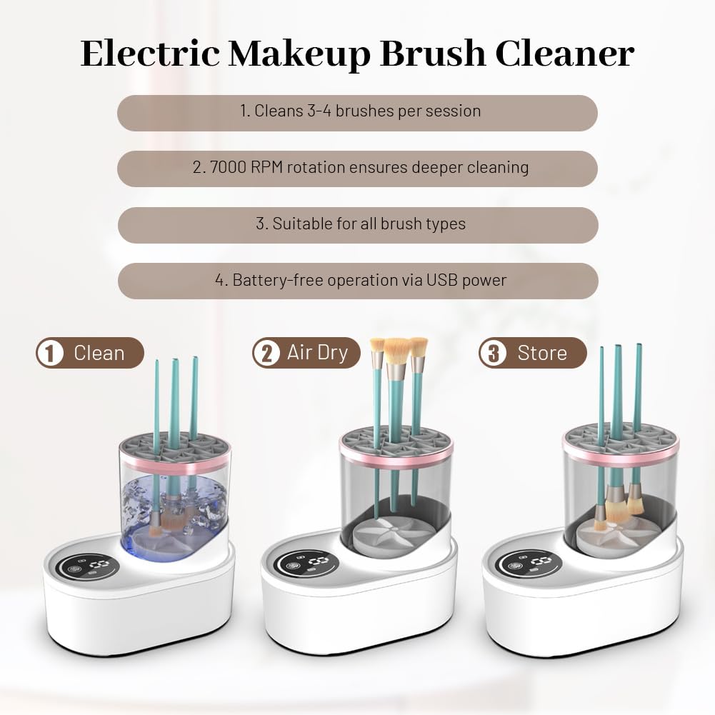 Glomora 3 in 1 Electric Makeup Brush Cleaner and Dryer Machine, Automatic USB Rechargeable with High Speed Rotation, Transparent Storage Case for Home, Model HZ-008
