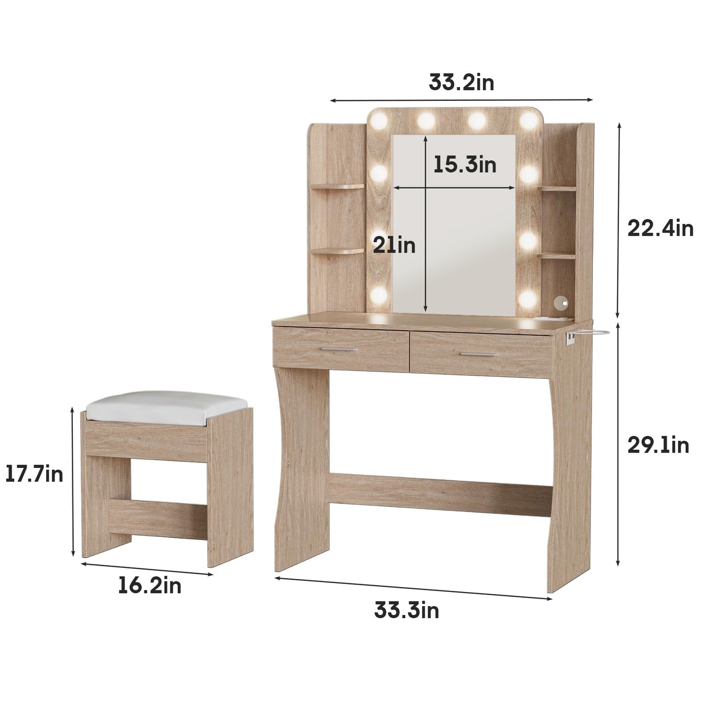 Vabches Vanity Desk with Mirror and Lights,Makeup Vanity Table with Charging Station,2 Drawer Bedroom Dressing Table with 3 Colors Modes Dimming & Cushioned Stool,Natural Oak