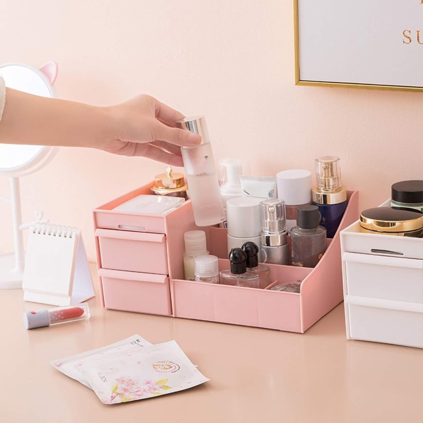 Simbuy Makeup Organizer for Vanity— Bathroom Countertop Cosmetics Organizer with Drawers for Lipstick, Brushes, Lotions, Eyeshadow, Nail Polish and Jewelry (Pink)