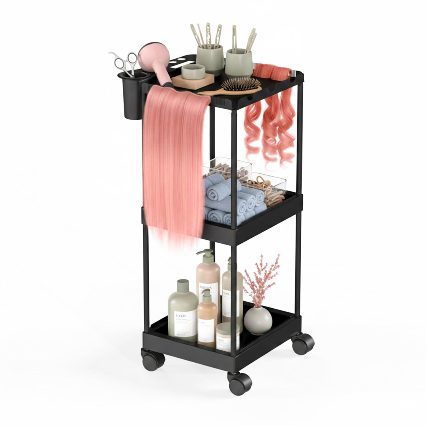 Veonly Metal 3 Tiers Salon Rolling Tray,Salon Tray on Wheels,Hair Extension Holder Salon Trolley,Hairstylist Tool Storage Cart for Salon(Black)