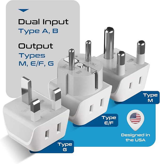 Ceptics African Travel Adapter Set 2 in 1 USA to Africa, S. Africa, Nigeria, Ghana, Uganda (Type M, E/F, Type G) - 3 Pack (Does Not Convert Voltage)