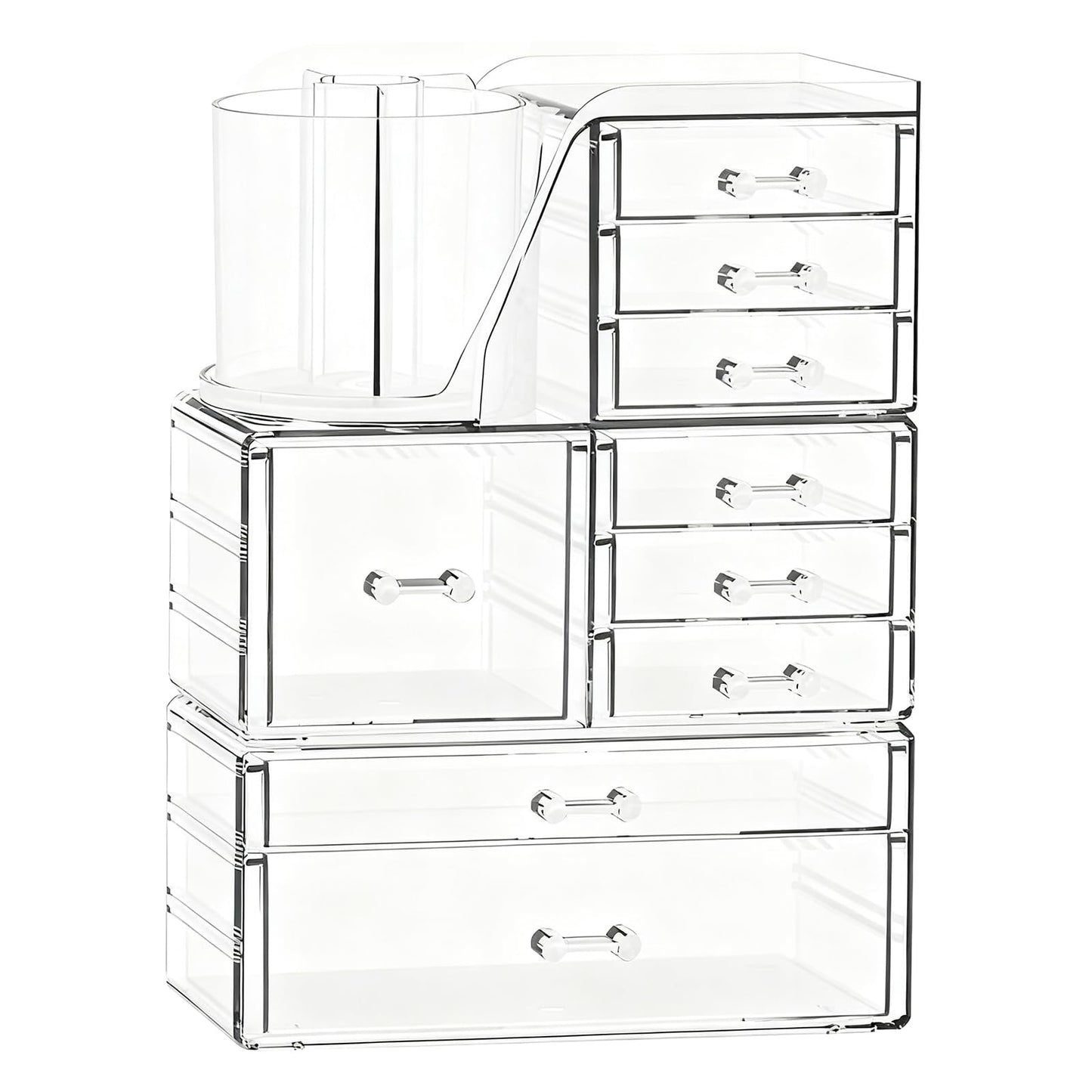 ShineMe Clear Makeup Organizer with 9 Drawers, 3 Tier Stackable Makeup Storage Organizer with Rotating Brush Holder, Acrylic Countertop Makeup Organizer for Vanity Skincare Jewelry Hair Accessories