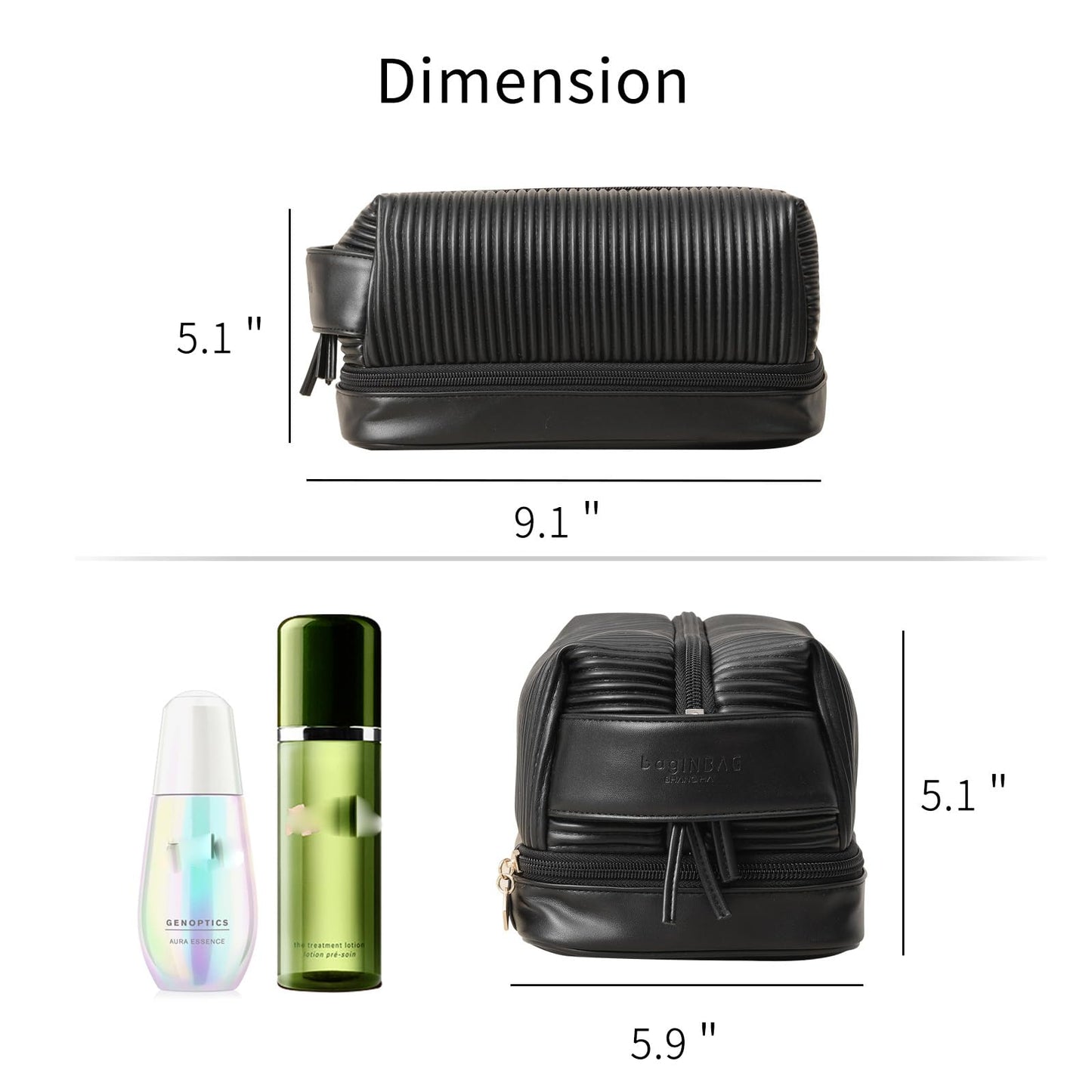 bagINBAG QIANPA Makeup Bag, Large Double Layer Waterproof Travel Bag with Handle and Brush Compartment for Women (Black)