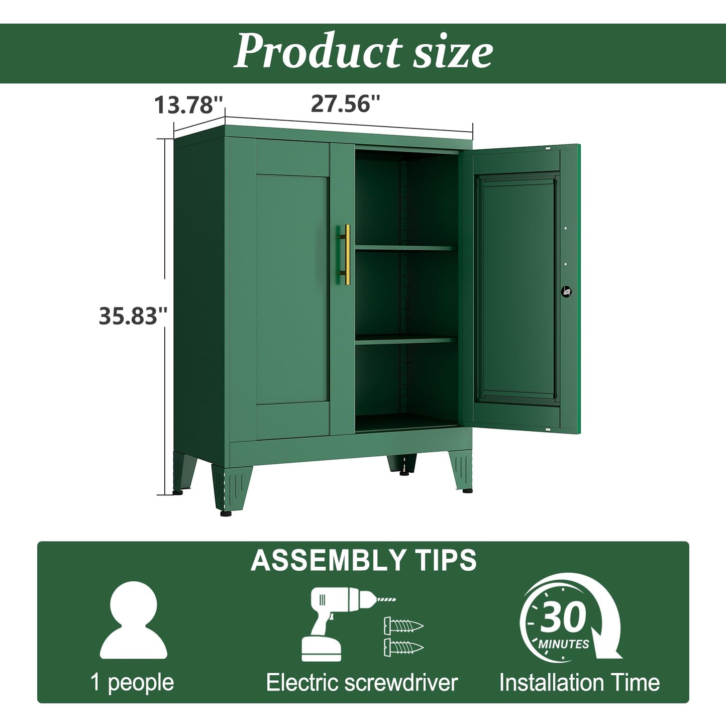 RISTERN Green Metal Storage Cabinet, 36" Tall Locking Storage Cabinet with 2 Adjustable Shelves, Steel Locker Organizer, for Office, Home, School