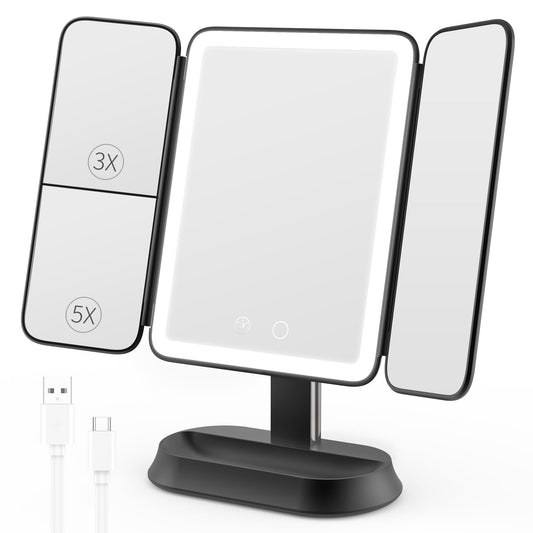 Rechargeable Lighted Makeup Mirror with 1X/3X/5X Magnification, Professional 3-Color LED Trifold Vanity Mirror, Smart Memory, Type-C Charging, Portable Beauty Mirror for Travel, Idea Gifts - Black