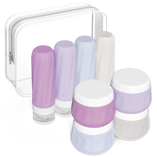 Mrsdry Travel Size Toiletries 8 Pack, TSA Approved 3oz Silicone Squeeze Bottles & Cream Jars with Clear Travel Bag