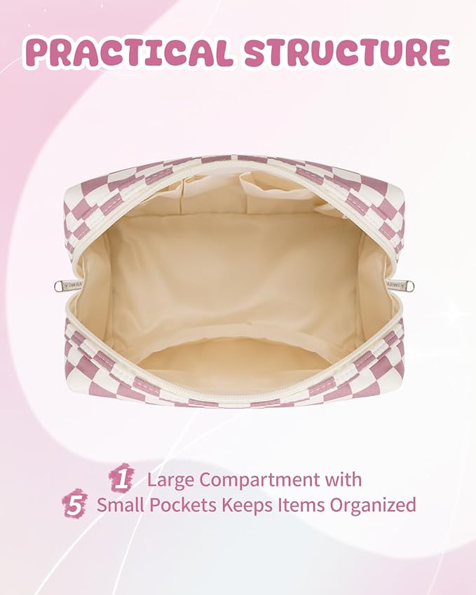 Narwey Birthday Gifts for Teen Girls Kids Women Personalized Initial Checkered Makeup Bag Pink Monogram Cosmetic Bag Trendy Stuff 6 8 10 11 12 13 14 16 18 Years Old Travel Toiletry Bag (Dusty Rose J)