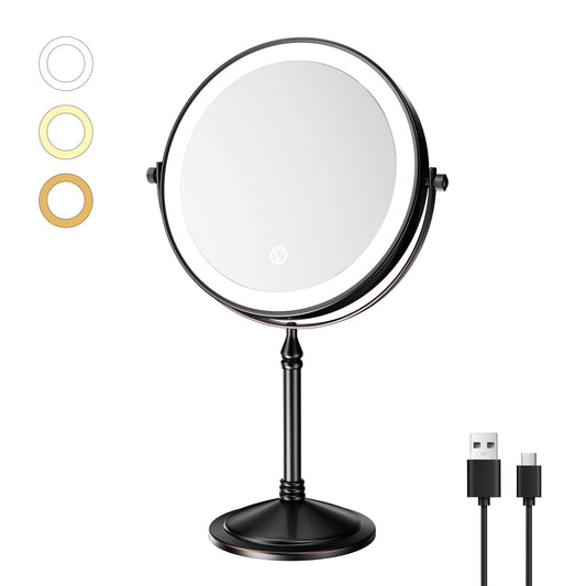Nicesail Rechargeable Makeup Mirror with Lights and Magnification 10X, 3 Color LED Lights, Cordless Lighted Vanity Desk Mirror with Lights, Light up Magnifying Tabletop 360 Rotation Oil Rubbed Bronze