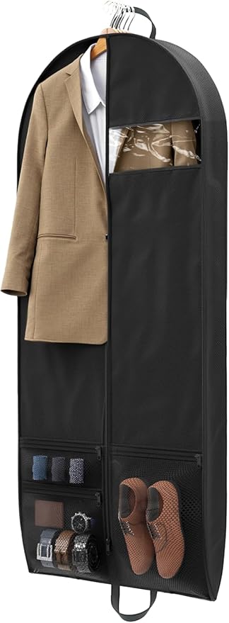 1 Pack Heavy Duty Garment Bags for Travel Suit Bags, Dress Bags, Garment Bags for Hanging Clothes with Pockets Men's Suit Holder for Shirts, Coats, Dresses (Black, 1Pack60")