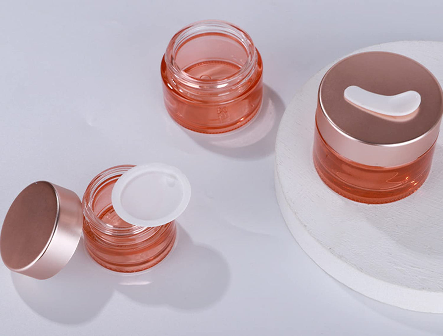 Healthcom 10 Packs 5g/5ml Empty Sample Jars Pink Glass Cosmetic Jar Pot Bottles with Rose Gold Lids Cosmetic Container Refillable Eye Cream Jar Pot Vials for Makeup Lotion Face Eyeshadow Lip Balms