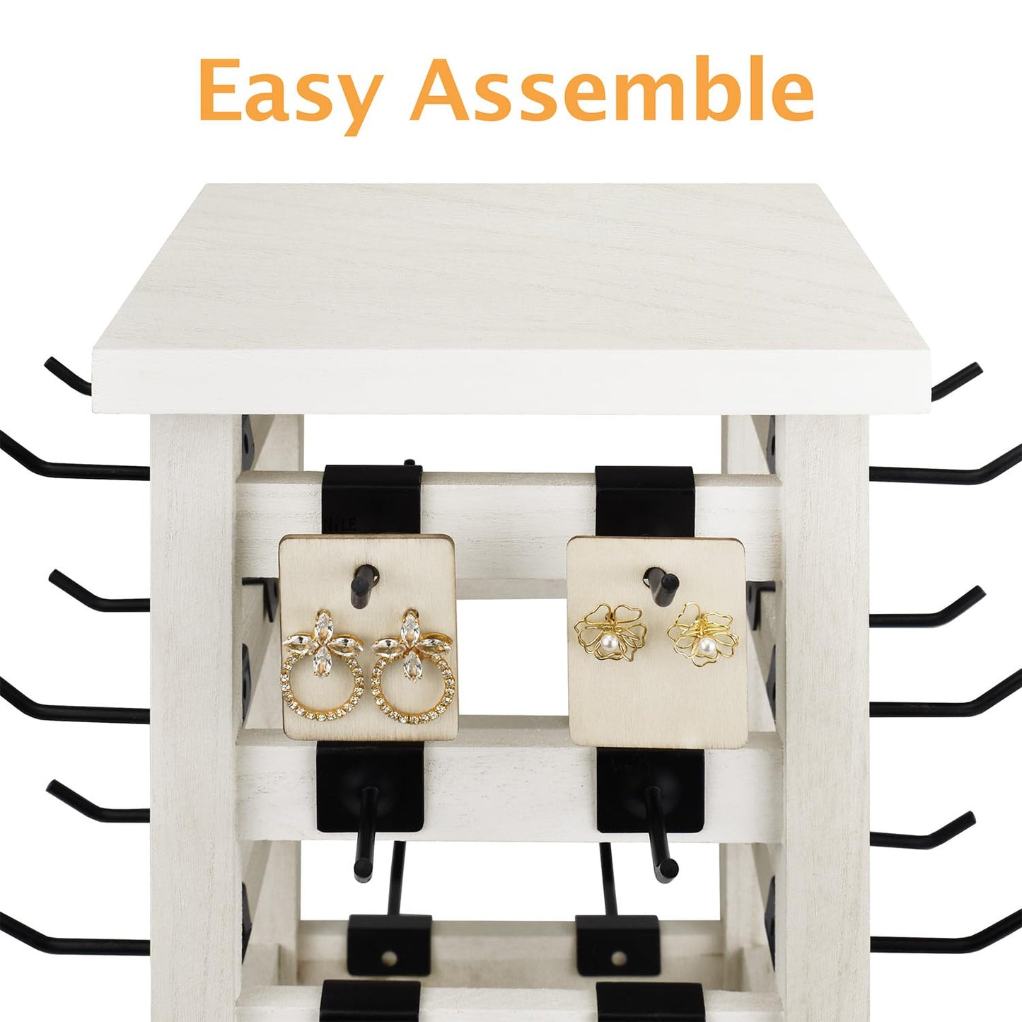 Ikee Design 5 Tiers Easy Assemble Wood Rotating Jewelry Display Tower With 42 Removabl Hooks,Spinning Earring Card Storage Display Stand for Store, Showcase, Tradeshow and Home, Wash White Color