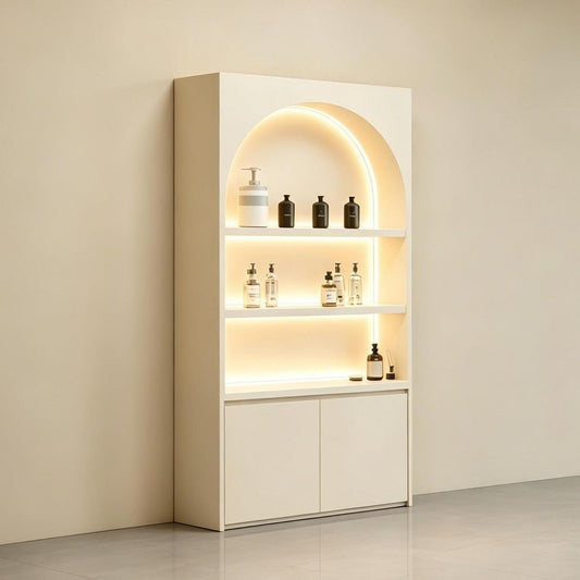 M2 Retail Display Cabinet with LED Lights and Lightbox Space, Modern Retail Display Shelf for Salon, Spa and Boutique, Product Showcase with Storage Cabinet (1, Beige, 1000*300*2000mm/39*12*79")