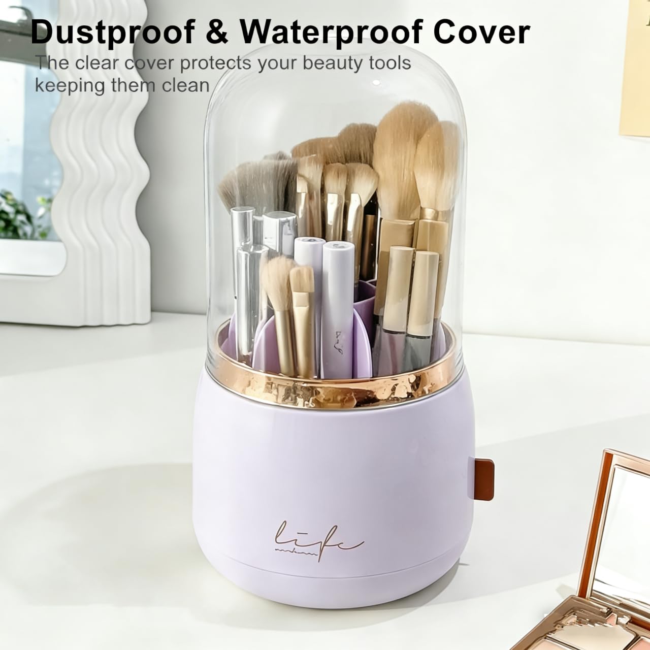YZEASYPINK 360 Rotating Makeup Brush Holder with Lid Clear Dustproof Make Up Organizers for Vanity Countertop Includes a Foldable Bowl for Cleaning Makeup Brush,Transparent, Dustproof-Purple