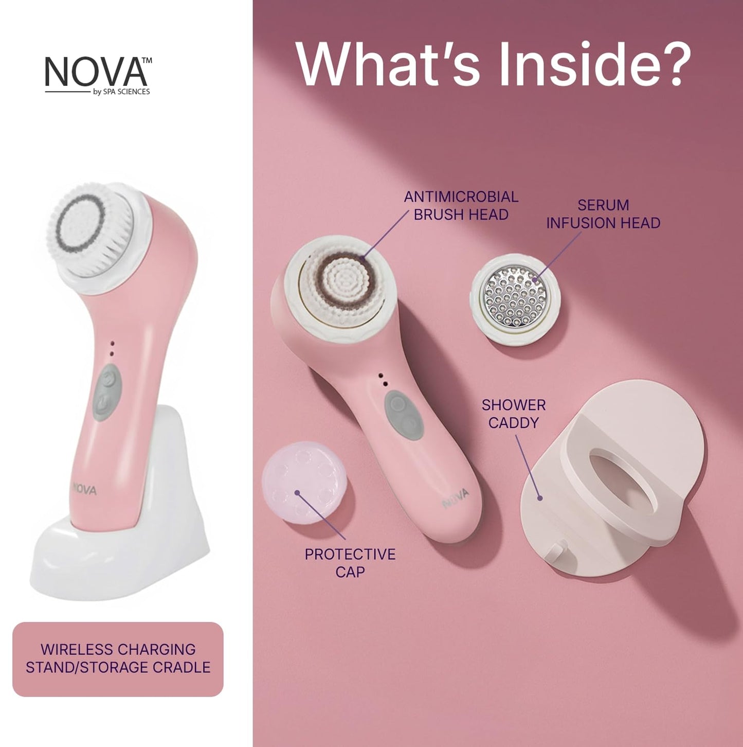 Spa Sciences - NOVA - Sonic Cleansing Brush with Bristles & Infusion System – Anti-Aging Facial Exfoliating, Waterproof, and USB Rechargeable