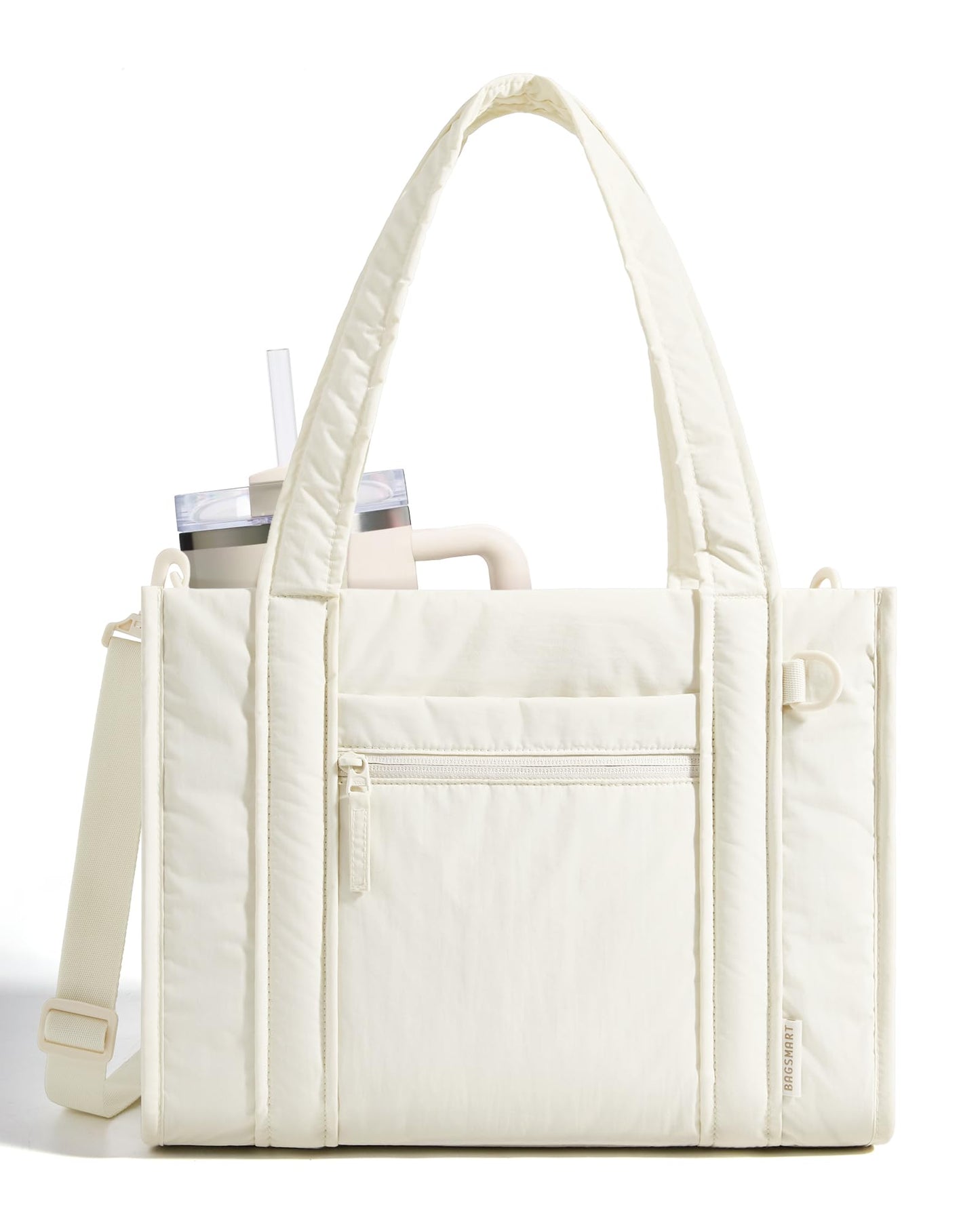 BAGSMART Boxy Tote Bag for Women, Crossbody Bag with Zipper, Crush Bow Purses for Travel Work College, Cream, Small