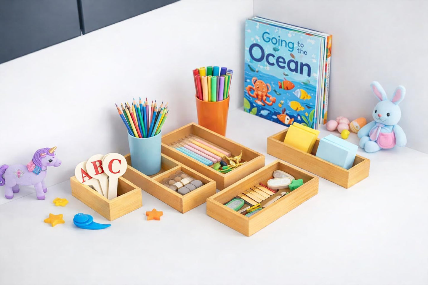 THE SHI ENERGY 5-Piece Bamboo Drawer Organizer Set – Versatile Storage Trays for Kitchen, Bathroom, Office, Makeup, Jewelry & More – Drawer Dividers, Utensil Organizer & Storage Bin Set (5 Pieces)