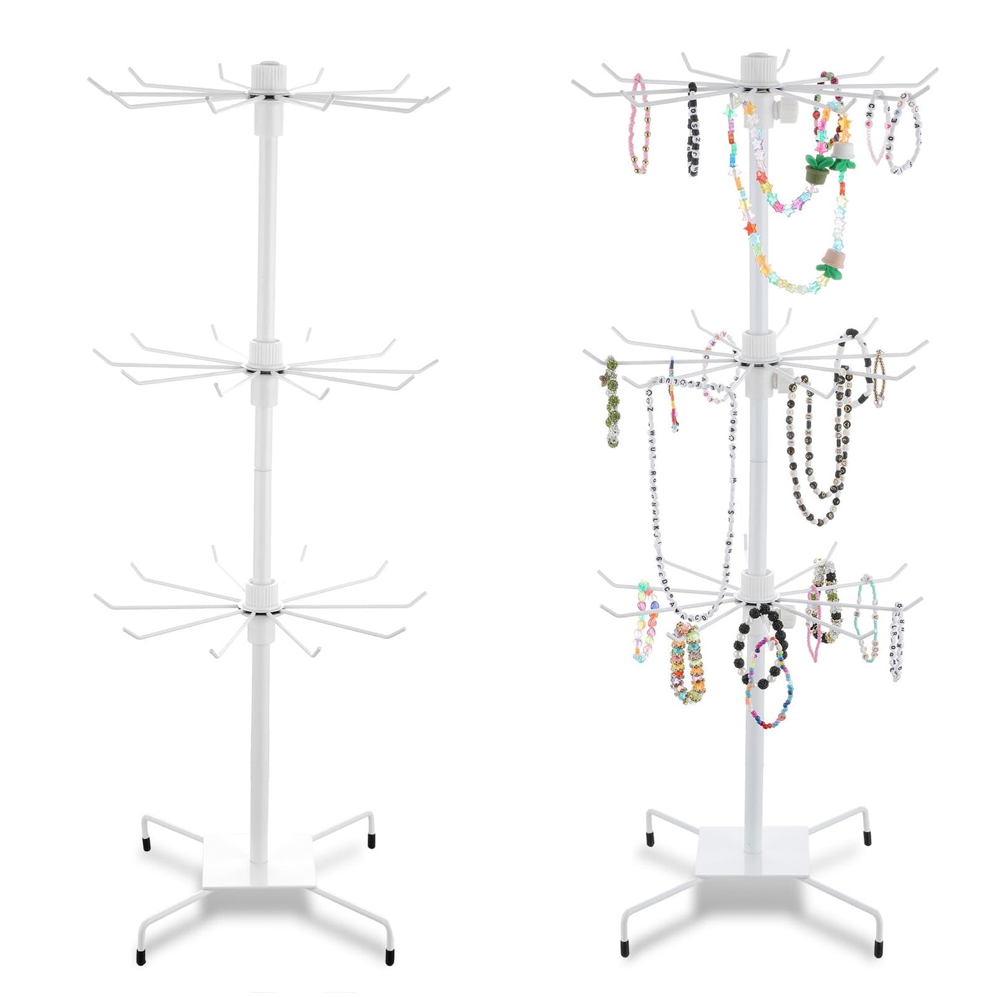 Lemecima 2 Pcs Rotating Jewelry Display Rack with Hooks Metal Earrings Display Stand for Selling Necklace (White, 3 Tires)