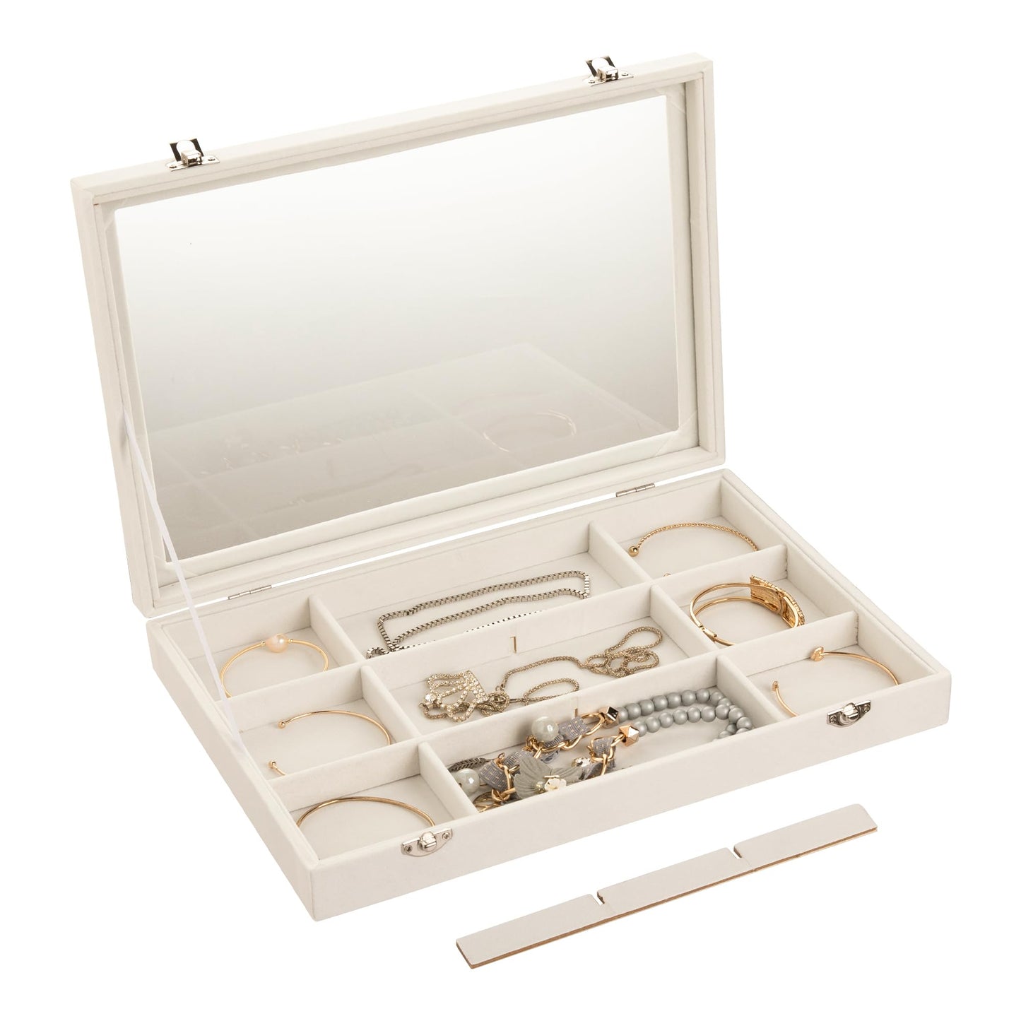 Frebeauty Velvet Jewelry Tray,12 Grid Jewelry Organizer with Clear Lid,Bracelets Holder,Jewelry Display Case with Clasp,Drawer Insert Bangle Brooch,13.8 x 9.5 x 2 Inches,Gift for Women Girls(Beige)