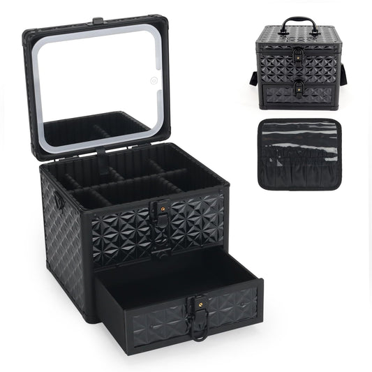 HAISKY Makeup Case with Drawer, Detachable Lighted LED Mirror, Travel Vanity Organizer, Portable Cosmetic Train Case, Lockable Makeup Suitcase with Adjustable Dividers, Shoulder Strap, Brush Holder