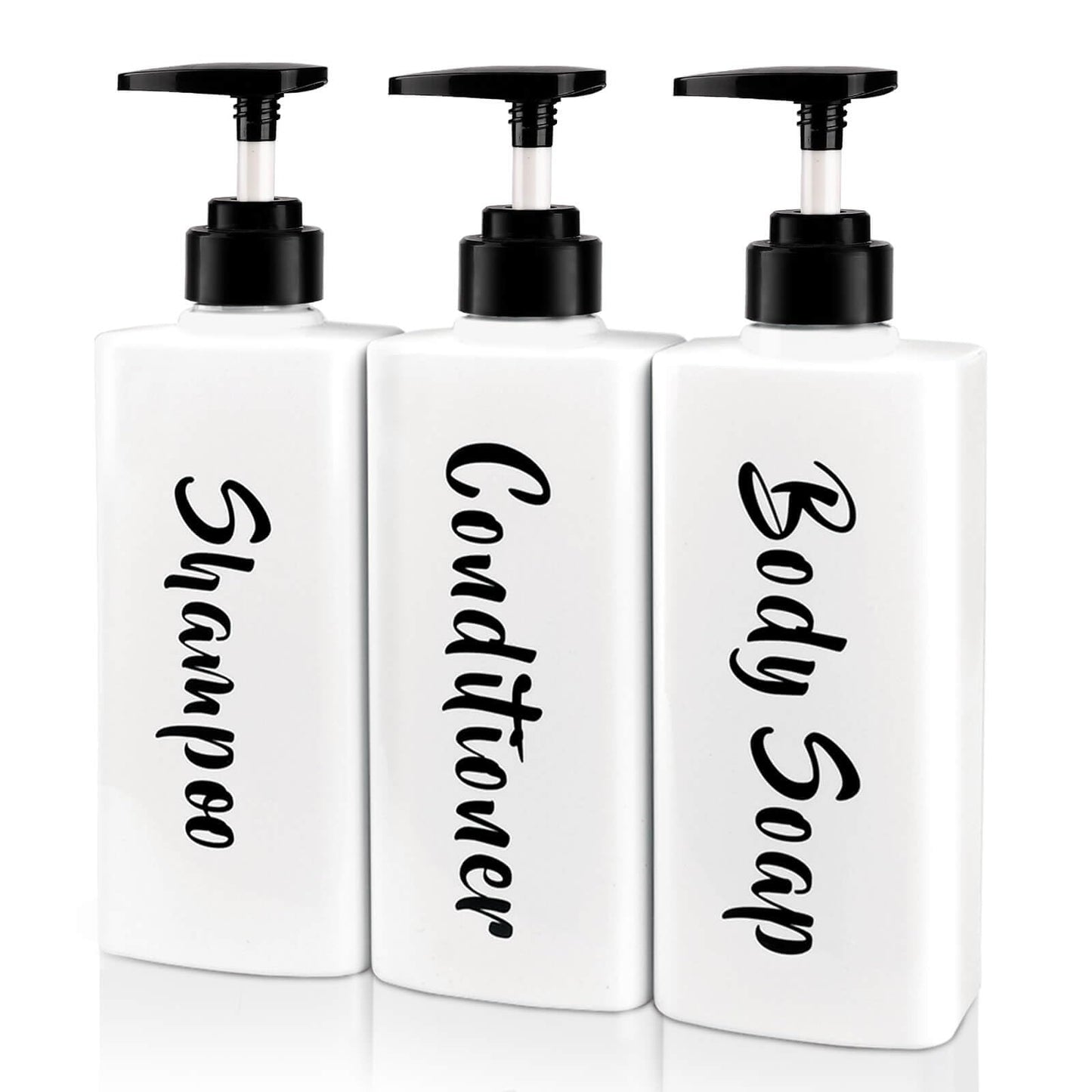 AUMIO 16.9oz Shampoo Conditioner Body Wash Dispenser for Shower, Refillable Printed Soap Bottles with Pump, Empty Plastic Bathroom Dispenser Set for Shampoo, Conditioner & Soap (White, 3 Pack)