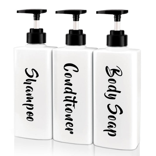 AUMIO 16.9oz Shampoo Conditioner Body Wash Dispenser for Shower, Refillable Printed Soap Bottles with Pump, Empty Plastic Bathroom Dispenser Set for Shampoo, Conditioner & Soap (White, 3 Pack)