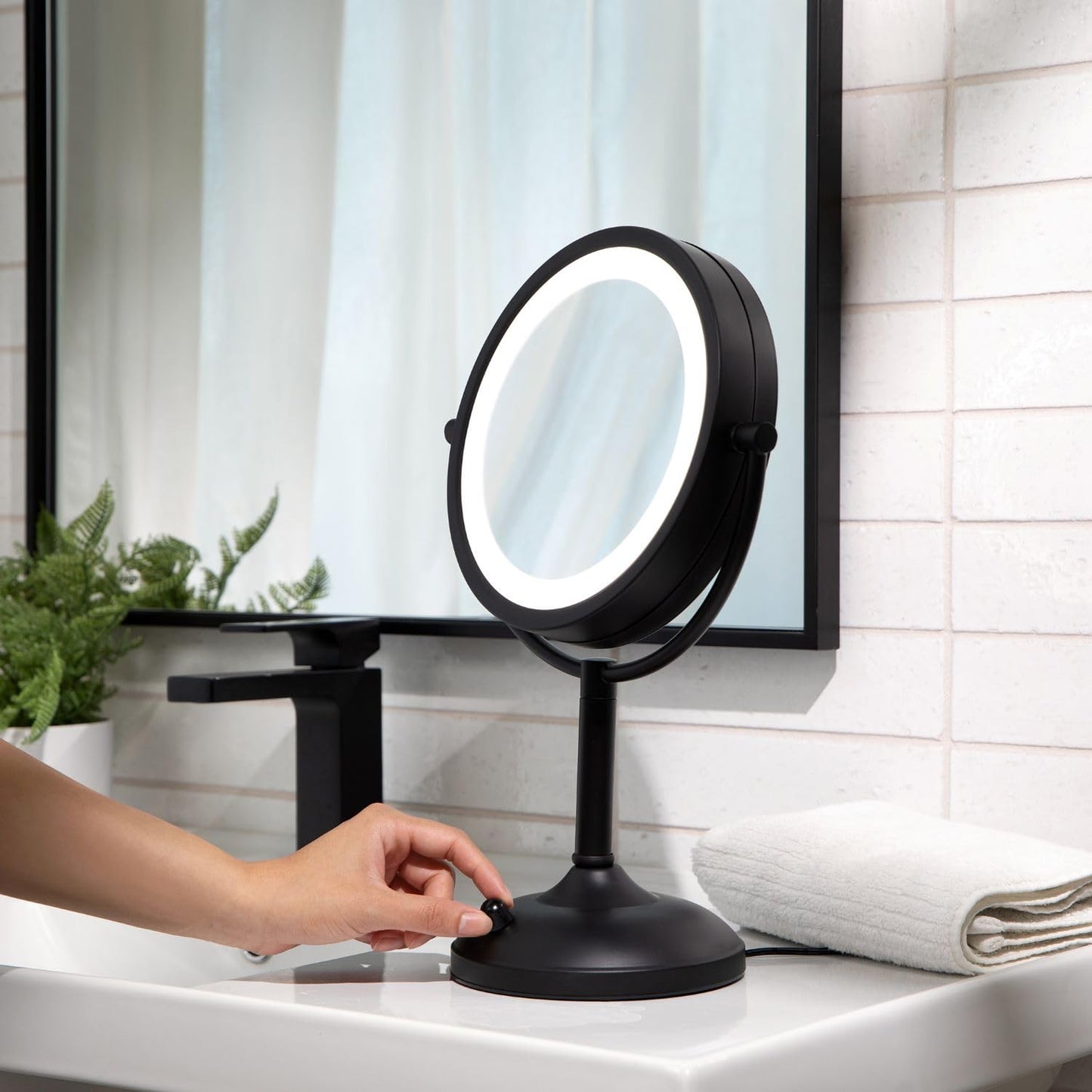 JERDON Lighted Tabletop Mirror with 10X/1X Magnification - Black Makeup Mirror with Multiple Light Settings - 8.5-Inch Diameter Vanity Mirror - Model JS8510BK