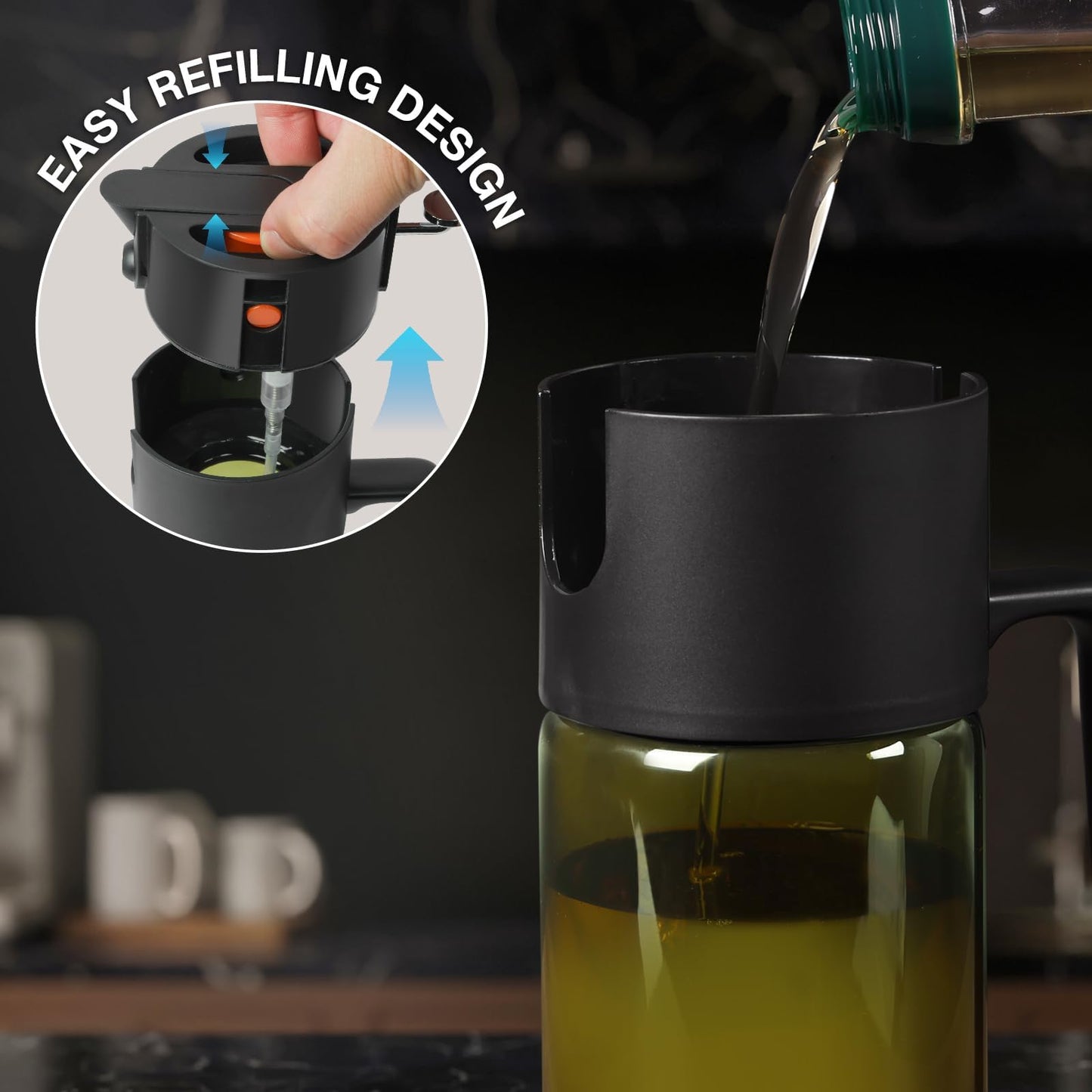 Gelibo 2-IN-1 Oil Sprayer for Cooking, 500ML Light-Blocking Glass Oil Dispenser for Kitchen, Olive Oil Spray Bottle with Leak-Proof,Cooking Spray with Portion Control for BBQ, Air Fryer, Salad - Black