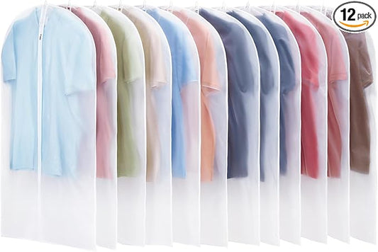 12 Pack Garment Bags for Hanging Clothes - Translucent Suit Bag for Closet Wardrobe Storage Travel - 24" x 42"