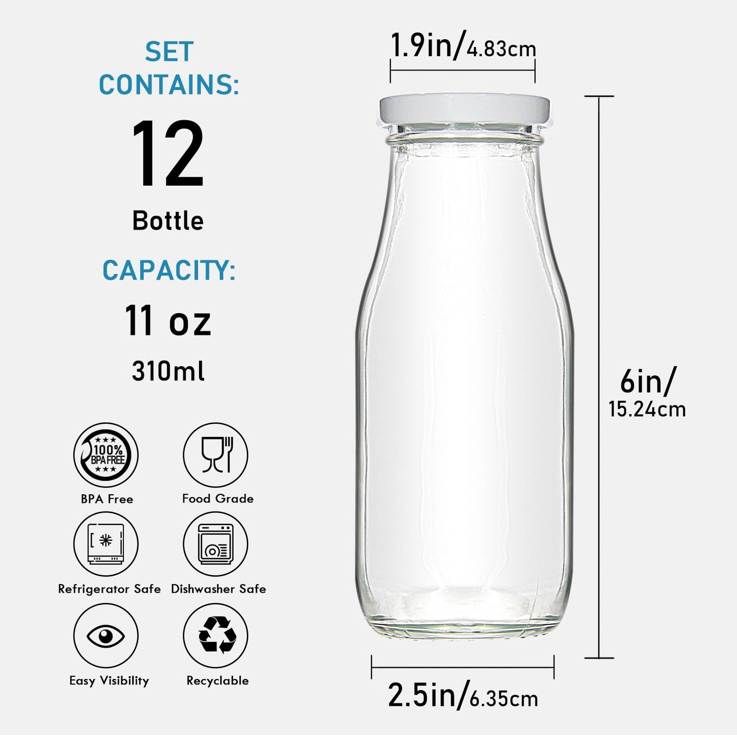 YEBODA 11oz Glass Milk Bottles with Reusable Metal Twist Lids and Straws for Beverage Glassware and Drinkware Parties, Weddings, BBQ, Picnics, Set of 12