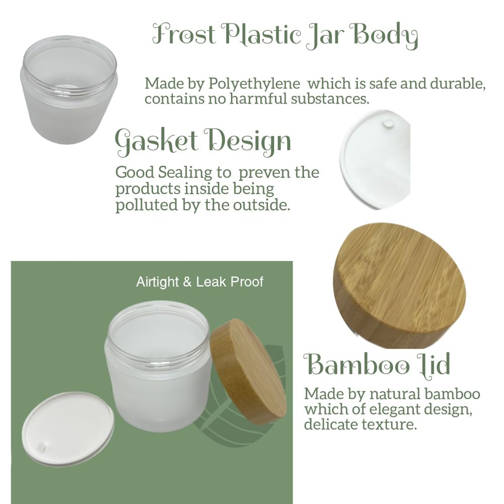 BEECO GIF2U Empty Bamboo Lid Jar 16oz/500g,Refilable Plastic Round Cosmetic Containers for Powder,Body Butter,Cream,Lotion,Wide Mouth Makeup Sample Storage Pot Dispenser(Frost)