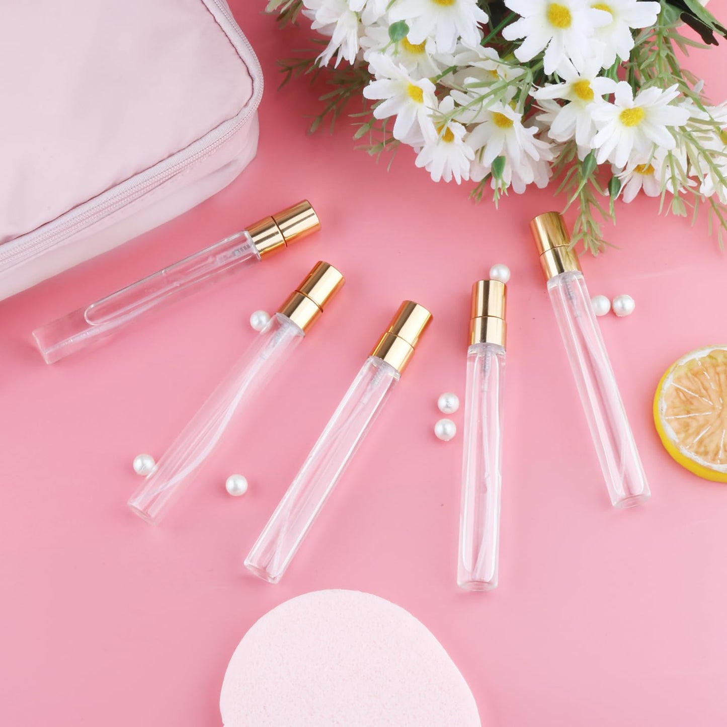 Mirrline 30 Pcs 10ml/0.34oz Mini Spray Bottle Glass Fine Mist Perfume Atomizer Empty Sample Containers with Golden Lids for Travel Cleaning Essential Oils