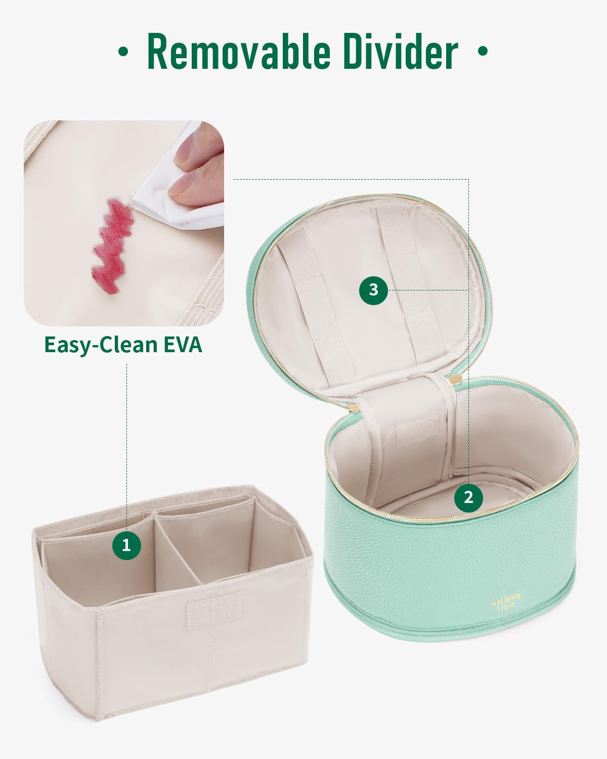 Wandering Nature Travel Makeup Bag for Women, Structured Vanity Case with Wipe-Clean EVA Interior & Removable Divider, Brush Loops, Fold-Flat PU Leather Makeup Case with Handle