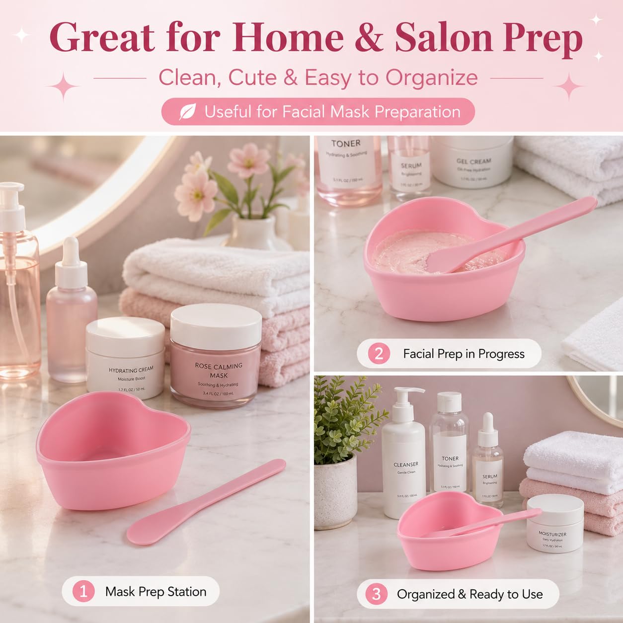 PLINNILUY Heart Shaped Face Mask Mixing Bowls, Pink Facial Bowls, Plastic Mask Bowl Set with 5 Bowl and 5 Spatulas for DIY Skincare, Mud Masks, Home Facial and Beauty Salon Use