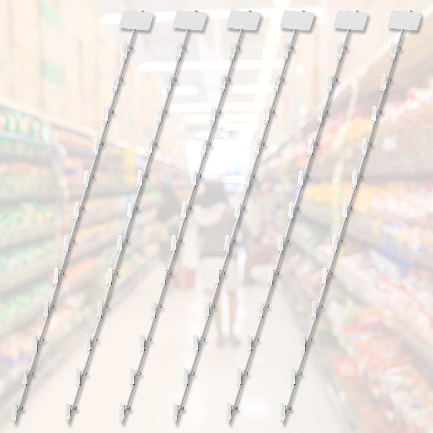 Tandefio 6 Pack Metal Merchandising Hanging Strips with Hooks,Potato Chip Rack Display Stand with Label Header and 12 Clips for Concession Home Theatre Pantry Organization (White)