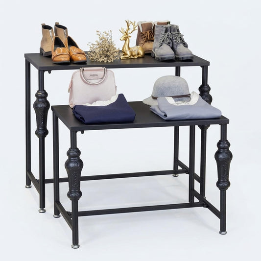 VANDNALI Industrial Retail Display Tables, Standing Clothing Shoes Display Rack, Set of 2 Boutique Display Riser, Retro Unit Storage Shelves, Garment/Handbag Display Stand
