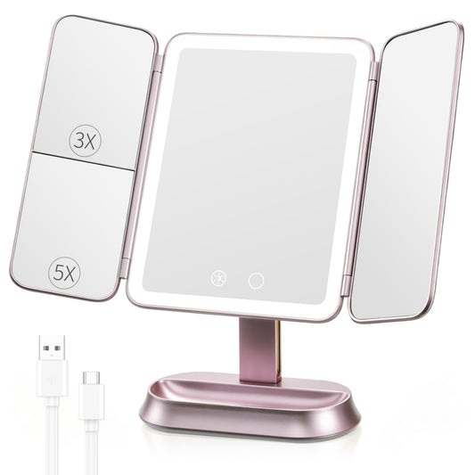 FRANO Lighted Makeup Mirror with 1X/3X/5X Magnification, Rechargeable Trifold Mirror, Smart Sensor & 3 Light Colors, Portable Cosmetic Vanity Mirror for Women - Metallic Purple