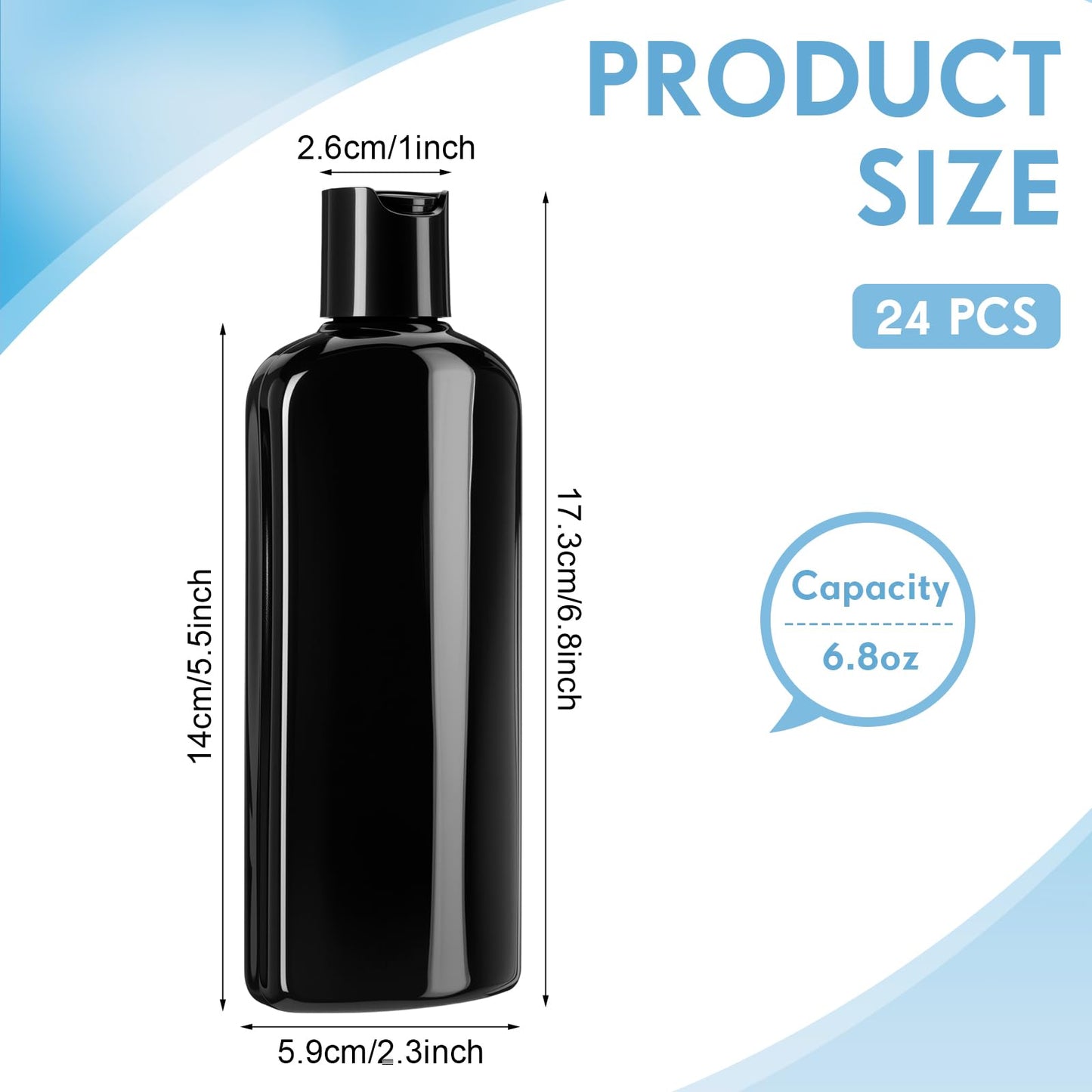 Domensi 24 Pcs Plastic Bottle Squeeze Containers with Disc Cap Travel Bottles Reusable Empty Toiletries Shampoo Containers Refillable Travel bottles for Shampoo Lotions (6.8oz,Pure Black)