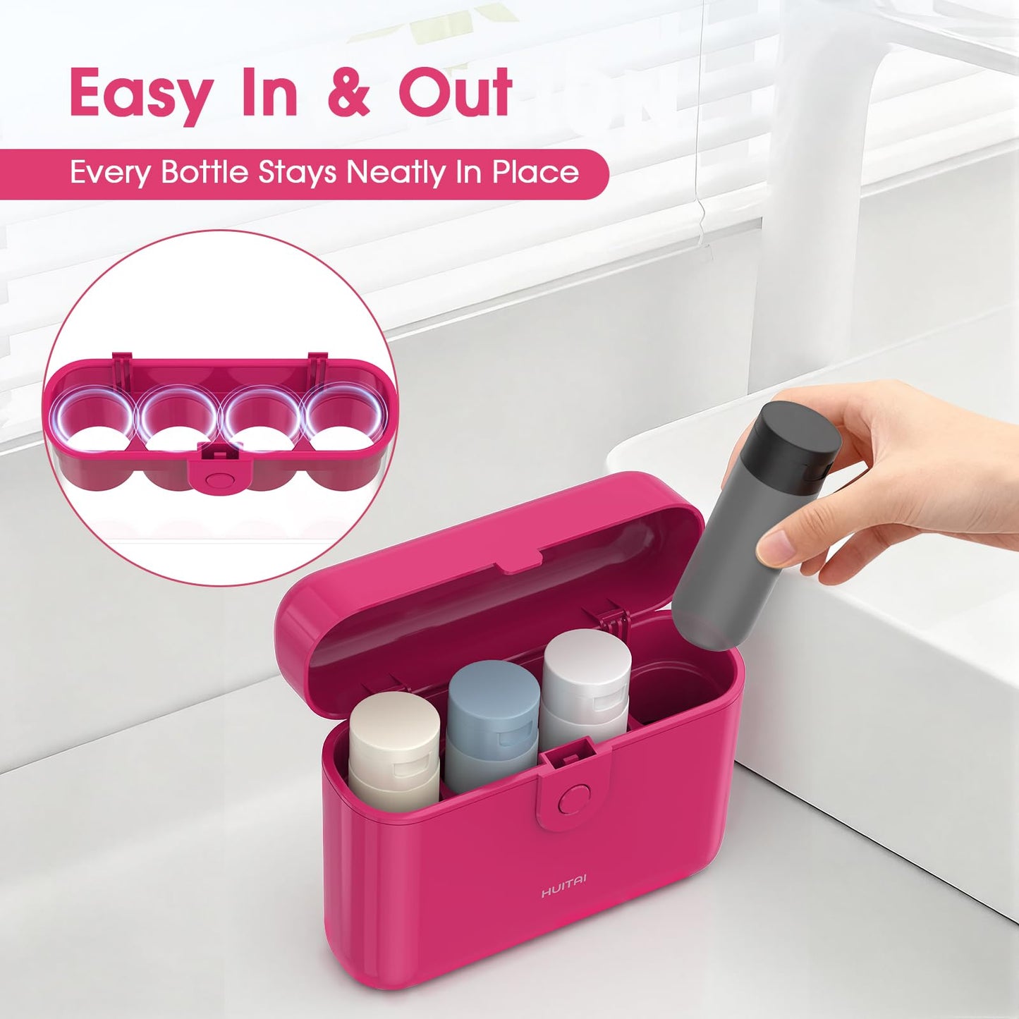 HUITAI Travel Bottles with Case, 4x2oz TSA Approved, Leak-Proof, Press to Unlock, Compact & Portable Travel Toiletries (Hot Pink)