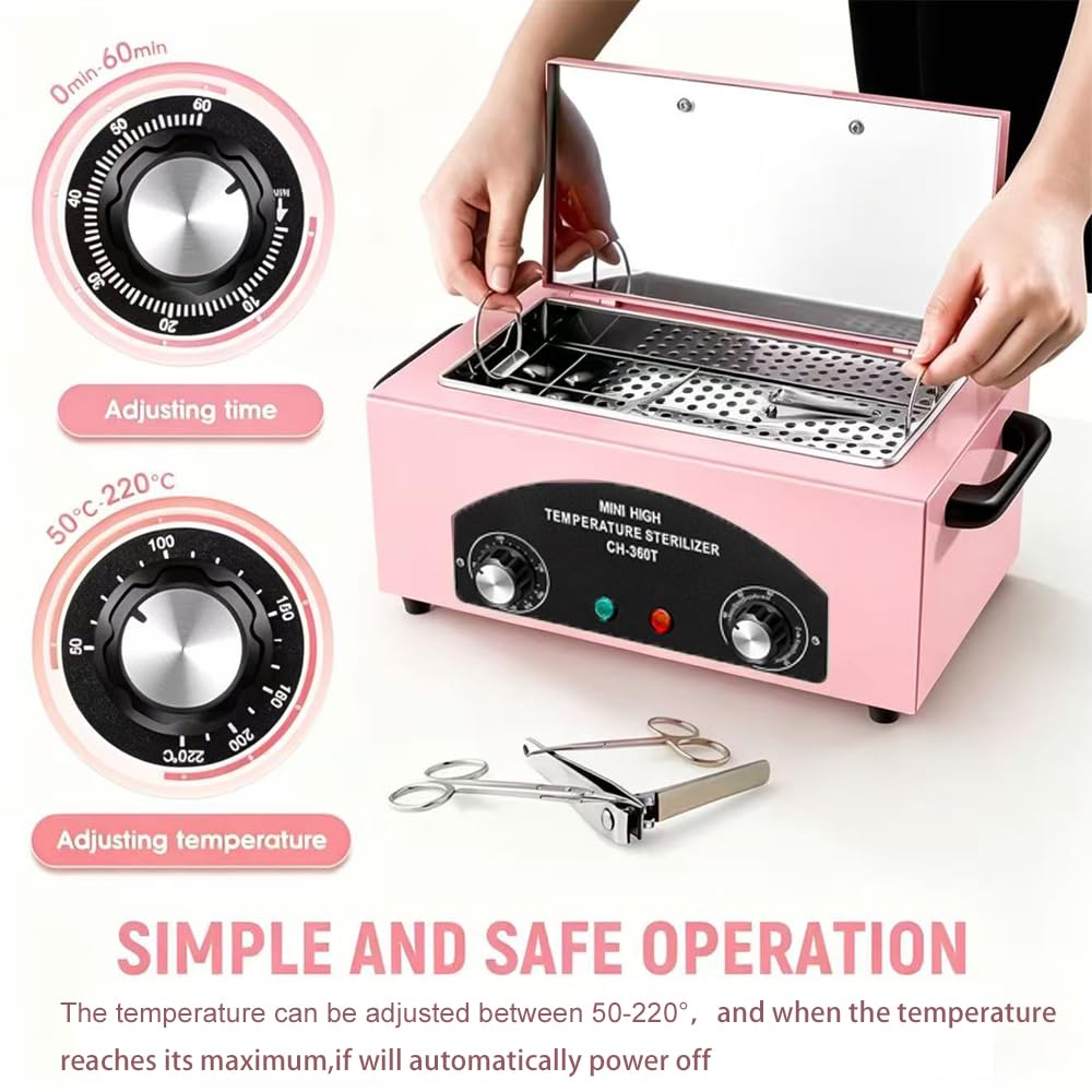 High Temperature Metal Cleaning Box,Misforu 1.5L Dry Heat Cabinet High Temp with Stainless Tray Timer and Handle for Nail Art Tool Salon Hairdressing Tool Earrings 300W (Pink)