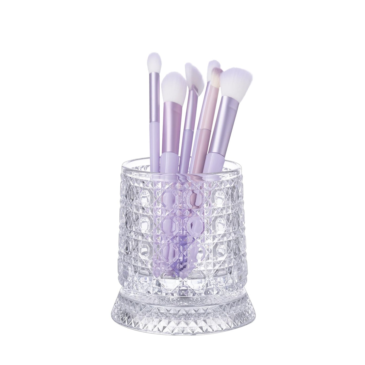 DASITON Makeup Brush Holder Organizer, Crystal Cosmetic Brushes Storage Holder Glass Makeup Organizer, 360° Rotating Make Up Brush Cup for Vanity, Dresser, Bathroom, Pen Pencil Holder for Desk (Clear)