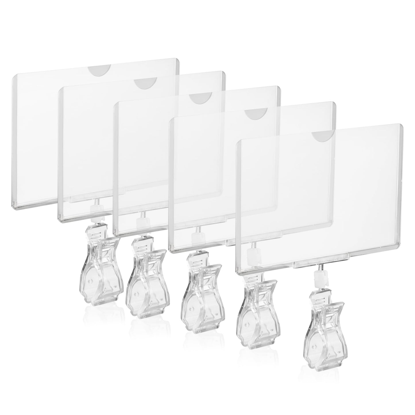 Clip Strip Rotating Clip on Sign Holder, 5 Pack Retail Display Sign Holders with 360° Swivelable Clamp, POP Rotating Sign Clip w/ Clear Print Protector Sleeve Fits Signs 5.5" W x 3.5" H, Clip on Racks, Rails, Tubes, or Merchandise