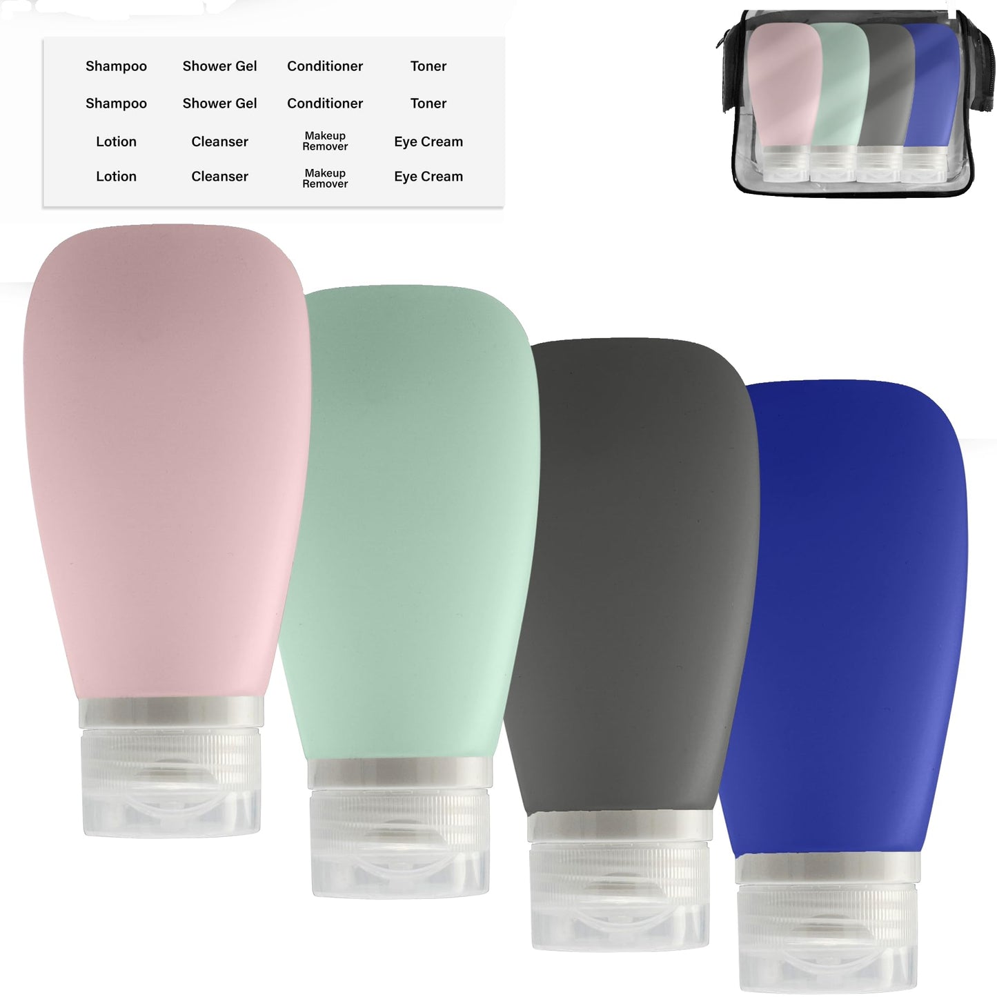 LYOB Travel Bottles for Toiletries, TSA Approved 3oz (90ml) Leak Proof Silicone Refillable Squeeze Travel Size Containers BPA Free for Cleansers, Lotions, Shampoo 4pk-With Bag (P,G,Blk,BL)