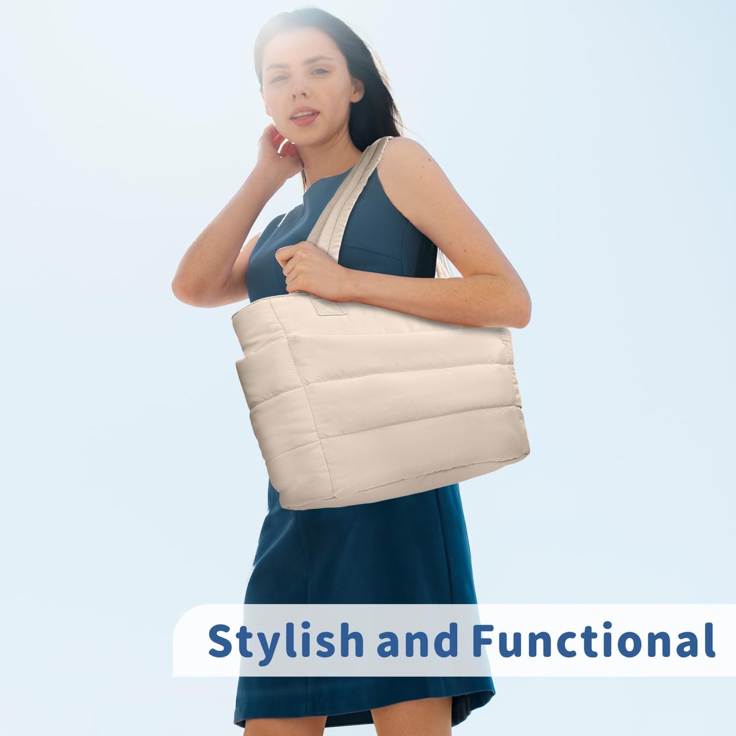 TOPDesign Puffer Tote Bag for Women, Lightweight Puffy Handbag with Compartments & Cosmetic Bag, Quilted Shoulder Bags for Work, Travel, Gym, Gifting (M Beige)