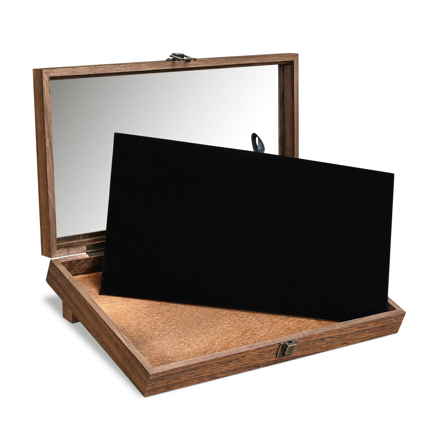 MOOCA Tempered-Glass Top Wooden Jewelry Display Case with Removable Base, Black Luxurious Velvet Jewelry Display Pad & 20 Removable Pins, Deeper 2.2" Design for Collectibles, Brown Color