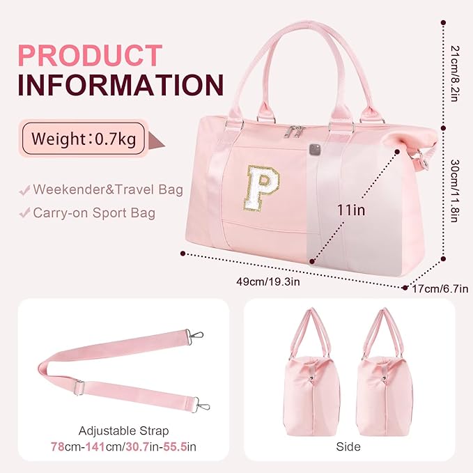 Dance Gym Duffel Bag for Teen Girls, Personalized Initial Travel Weekender Bag,Cute Overnight Carry On Duffle for Women,Sports Travel Cheer Bag,Monogram Christmas Gifts for Tween Preppy(pink-P)
